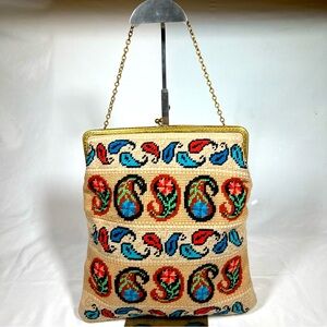 Vintage Needlepoint Tapestry Paisley Motif Shoulder Clutch Handbag Purse